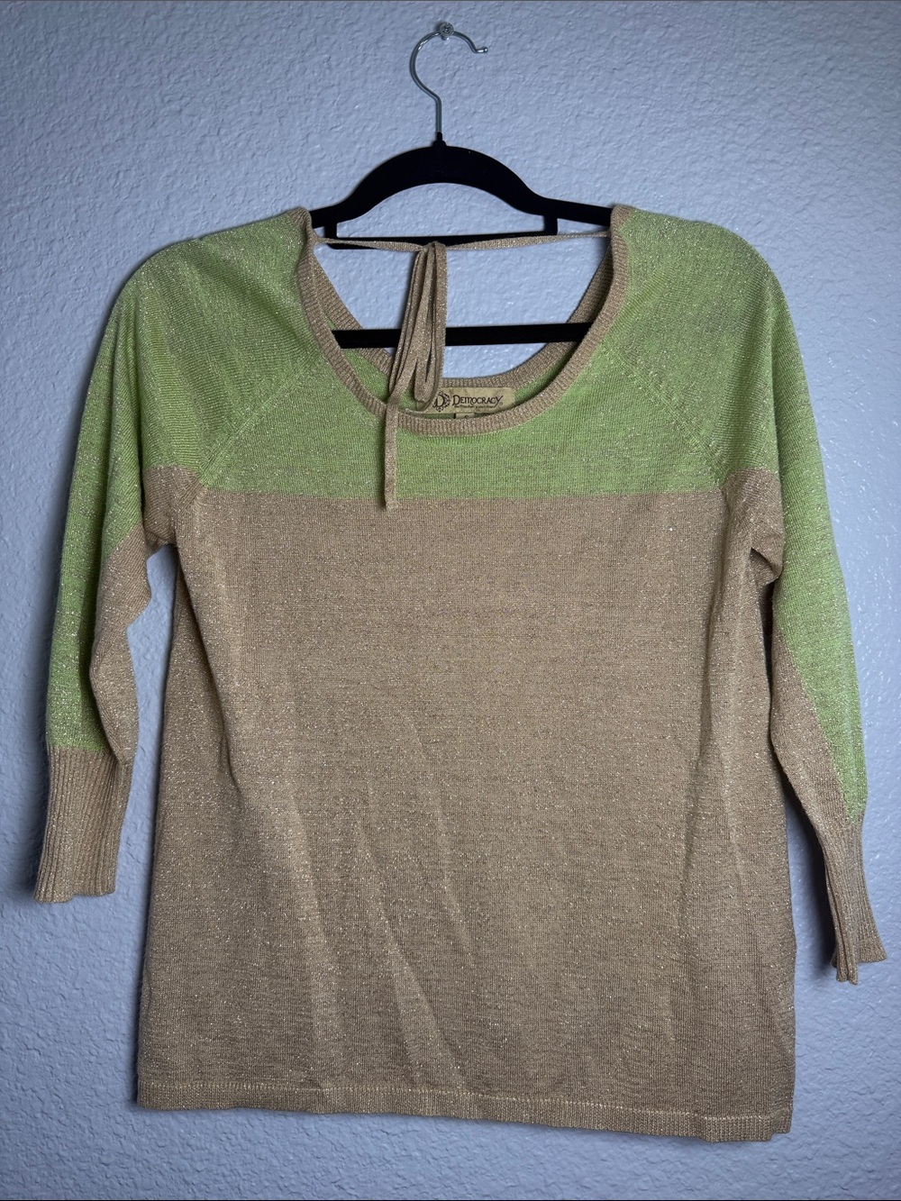 Democracy Beige and Light Green Off-the-Shoulder Metallic Knit Sweater